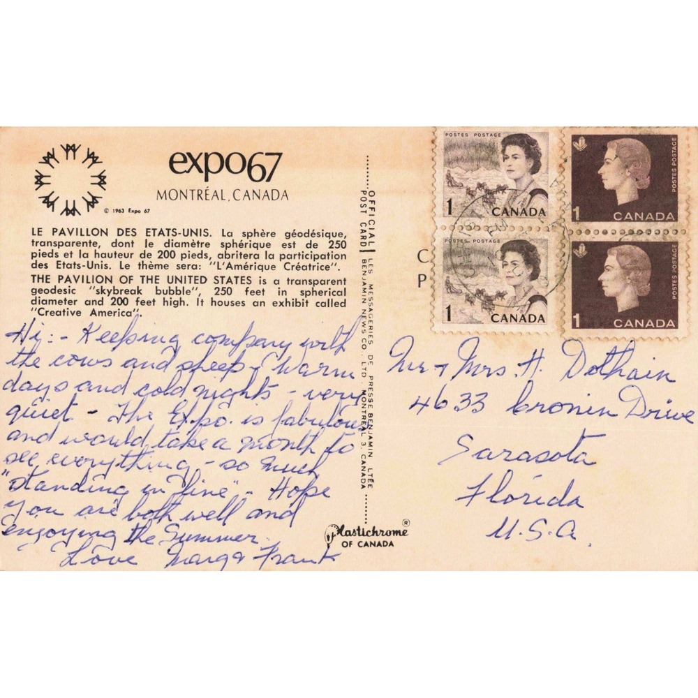 Vintage Expo 67 Montreal Postcard US Pavilion Geodesic Dome Postmarked 1967 VG - Picture 2 of 2